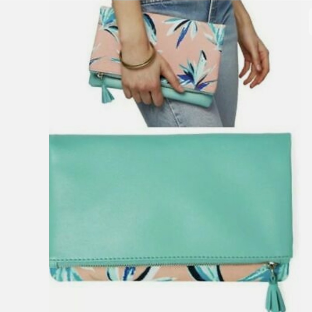 NEW Rachel Pally Paradise Reversible Foldable Clutch Purse Aqua Pink